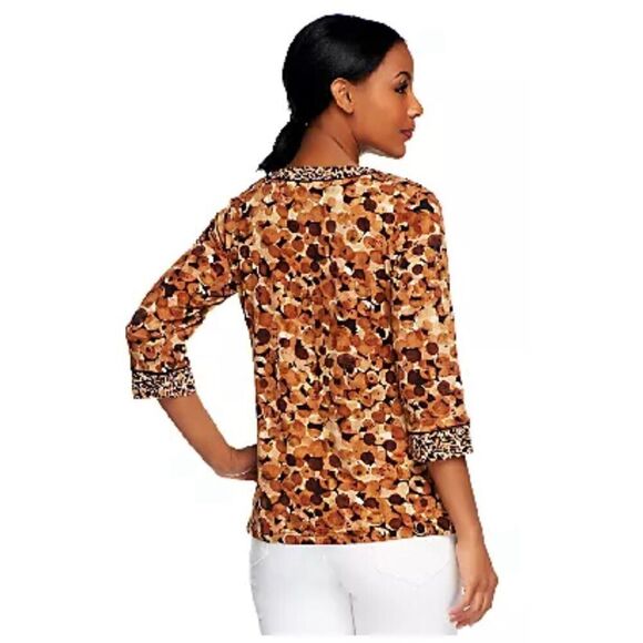 Susan Graver Womens Size 2X Liquid Knit Printed Top Brown Ruched Neckline NWT - Picture 2 of 6